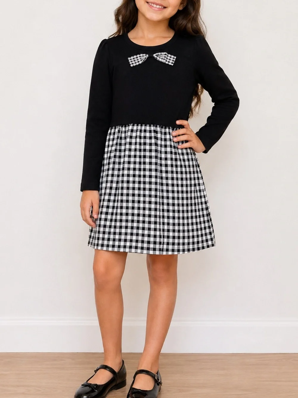 GAP Girls Black White Gingham Long Sleeve Dress Size 10 NWOT